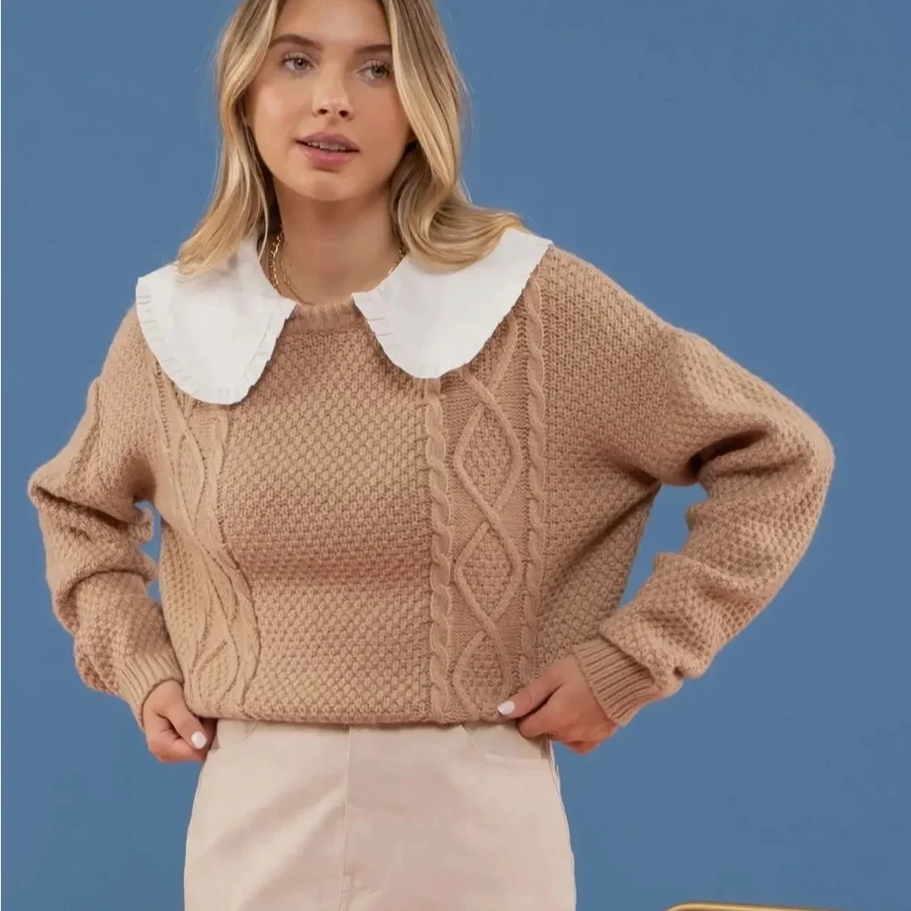 Blu Pepper NWT Medium Doll Collared CableKnit Once Upon a time Sweater taupe - Picture 4 of 14